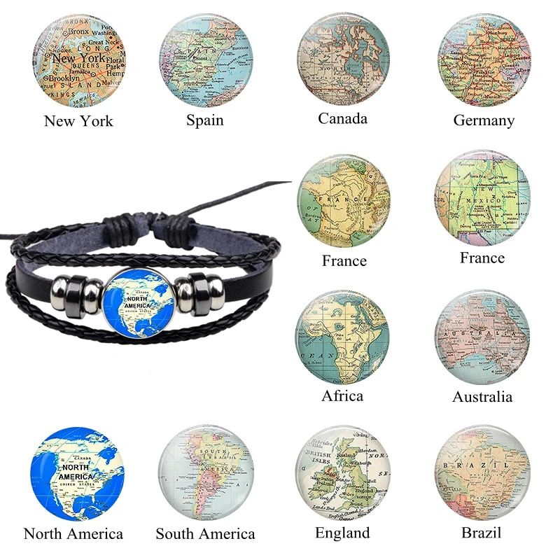 

Fashion World Map Leather Women Weaving Bracelets North American Africa France Spain England Map Jewelry Men Bead Charm Bracelet