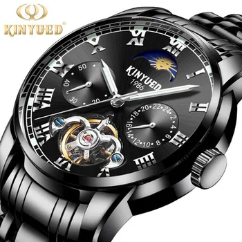 

KINYUED Mens Watches Top Brand Luxury Tourbillon Luminous Clock Men Stainless steel Black Casual Automatic Mechanical Watch