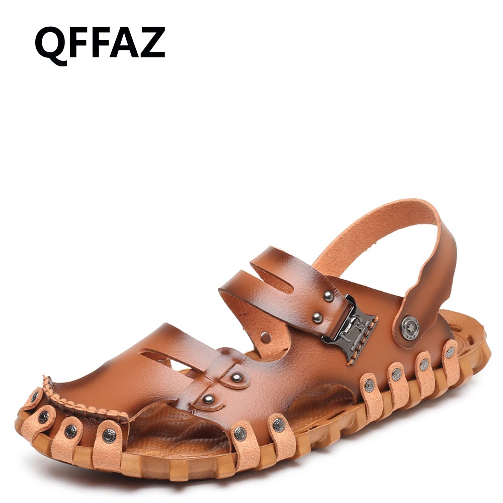 QFFAZ Fashion Style Man Sandals Casual Flat Heels Spilit Leather Male Retro Beach Slipper Men's 