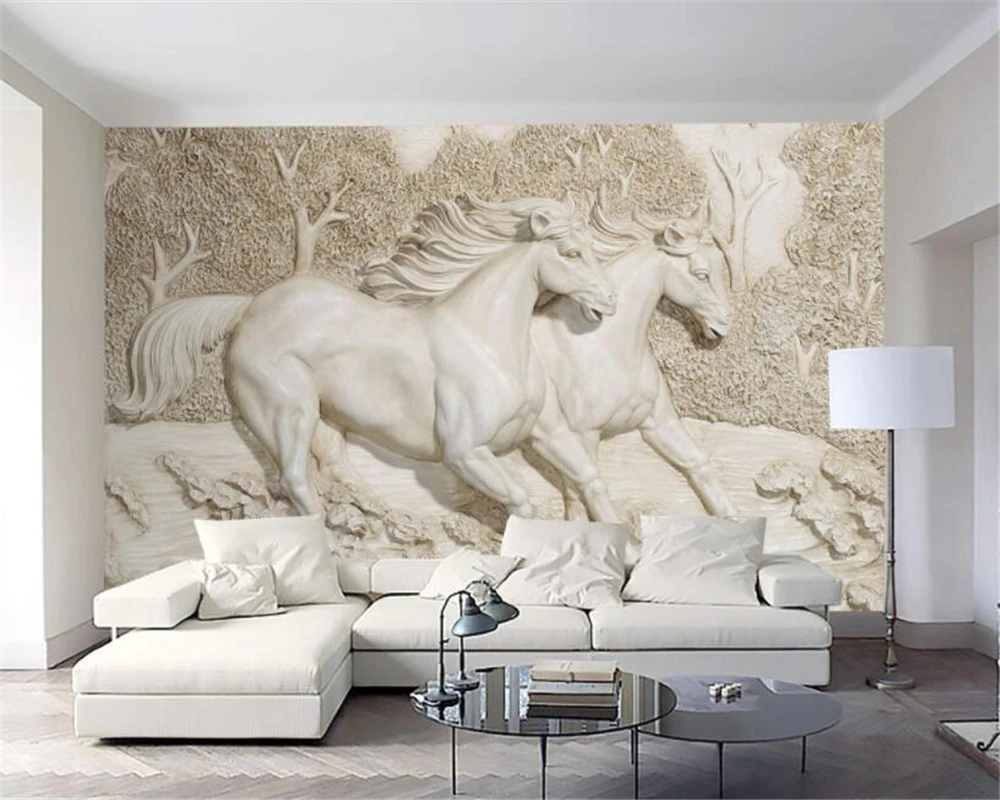 

Custom mural European high quality 3D stereo relief white horse TV wall papel de parede 3d wall papers home decor mural photos