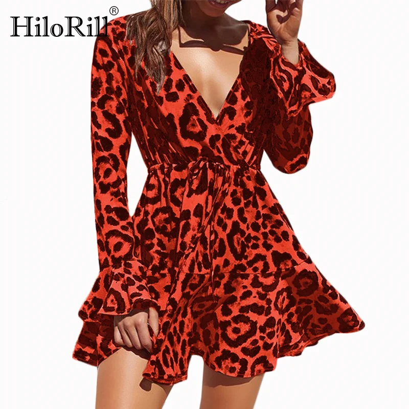 

Sexy Leopard Dress Women Summer A-Line Chiffon Dress Ruffles Flare Sleeve V-Neck Mini Wrap Party Dresses Vestidos Verano 2019