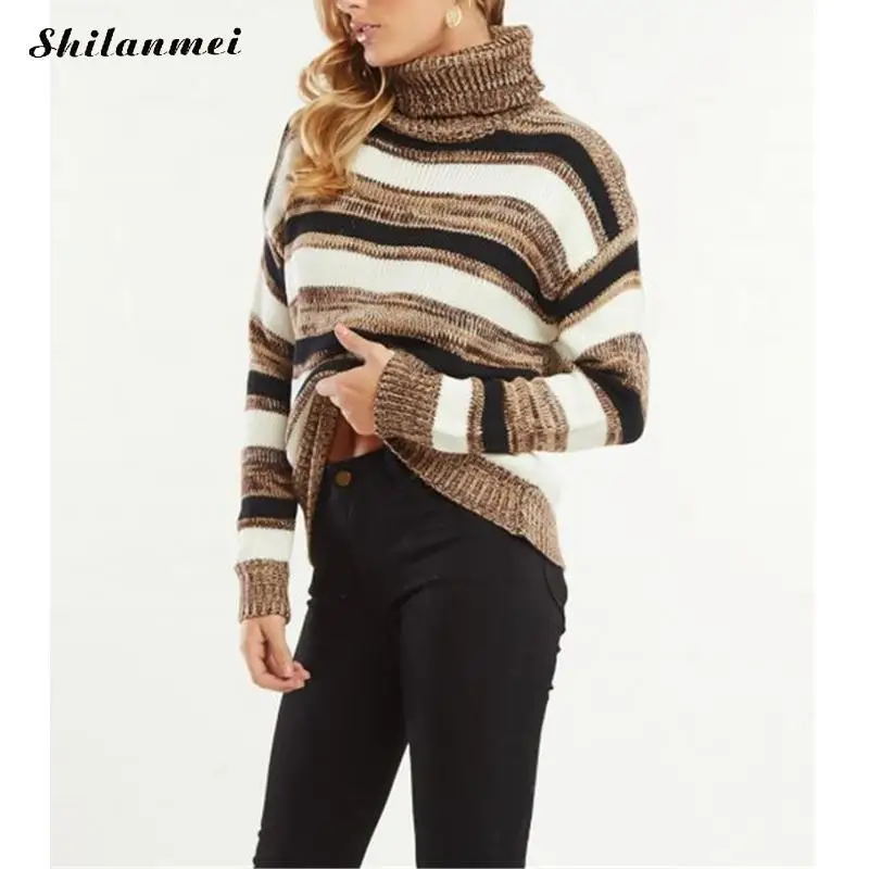 

Women Knitted Pullover Winter Brown Striped Causal Sweater Jumper Ladies Turtleneck Sweater Stripe Autumn Sweaters Fashion 2019