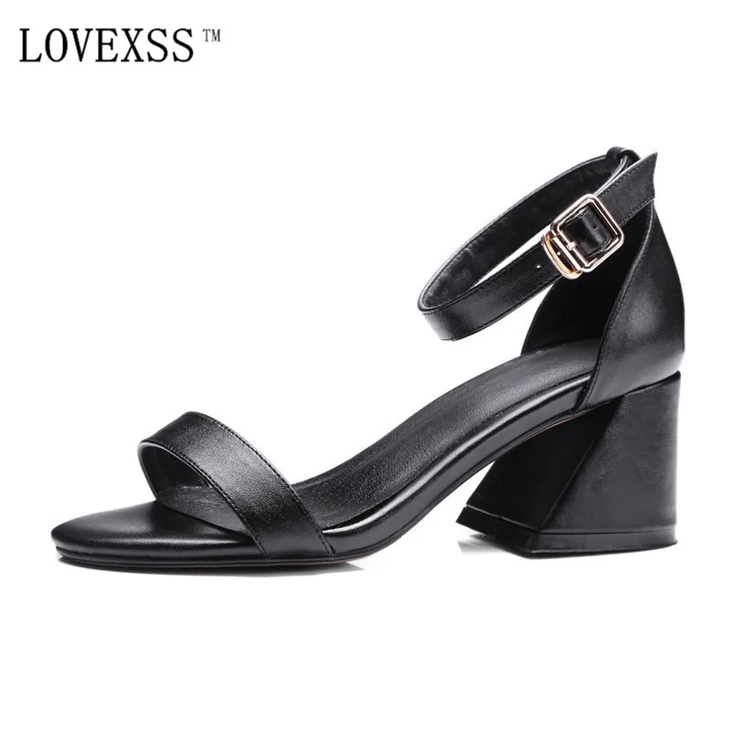 

LOVEXSS Genuine leather Sandals 2017 Summer Buckle Woman Girl Shoes High-heeled Party Plus Size 33 - 43 Sandals Black White