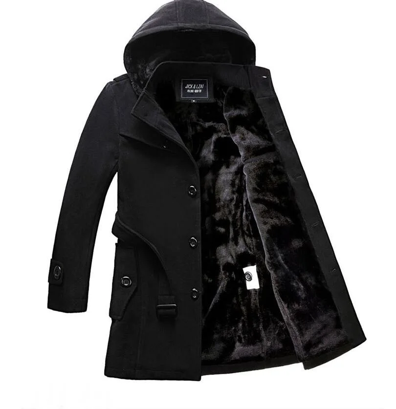 Новое мужское зимнее однобортное шерстяное пальто с капюшоном мужское утепленное бархатное теплое длинное шерсятнное пальто куртка - Цвет: Черный