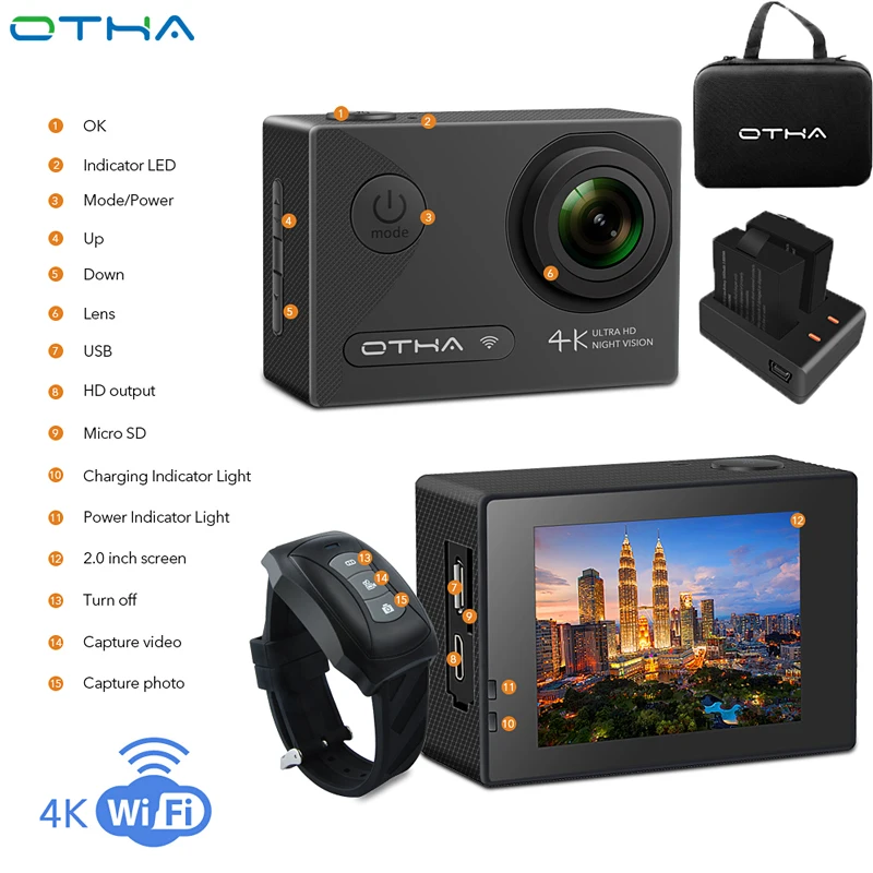 

OTHA Action Camera Ultra HD 4K Video Camera Night Version DV Waterproof WiFi 1080P Underwater Sports Camera with Remote Control