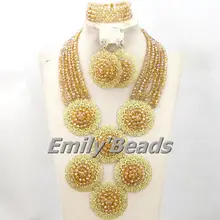 Champagne gold Африканский Кристалл Бусины нигерийской свадьбы шары ручной работы комплект ювелирных изделий Индии, свадебные украшения комплект amj017