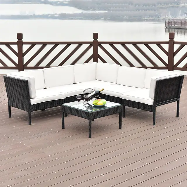 Giantex 6 Pcs Rattan Wicker Patio Furniture Set Steel Frame Sofa Giantex 6 Pcs Rattan Wicker Patio Furniture Set Steel Frame Sofa Cushioned Garden Corner Couch
