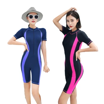 

Women Beach Large Size Short Sleeve Swimwear New 2018 One Piece Swimsuit Female zip Swimming Boxer Shorts Bud Bathing Suit