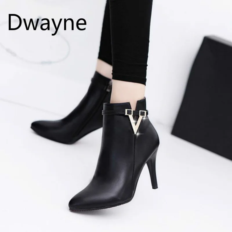 

Dwayne 2018 Spring Autumn Stiletto Thin High Heels Pointed Toe Faux Leather Zipper Style Sexy Ankle Womens Boots Botas de mujer