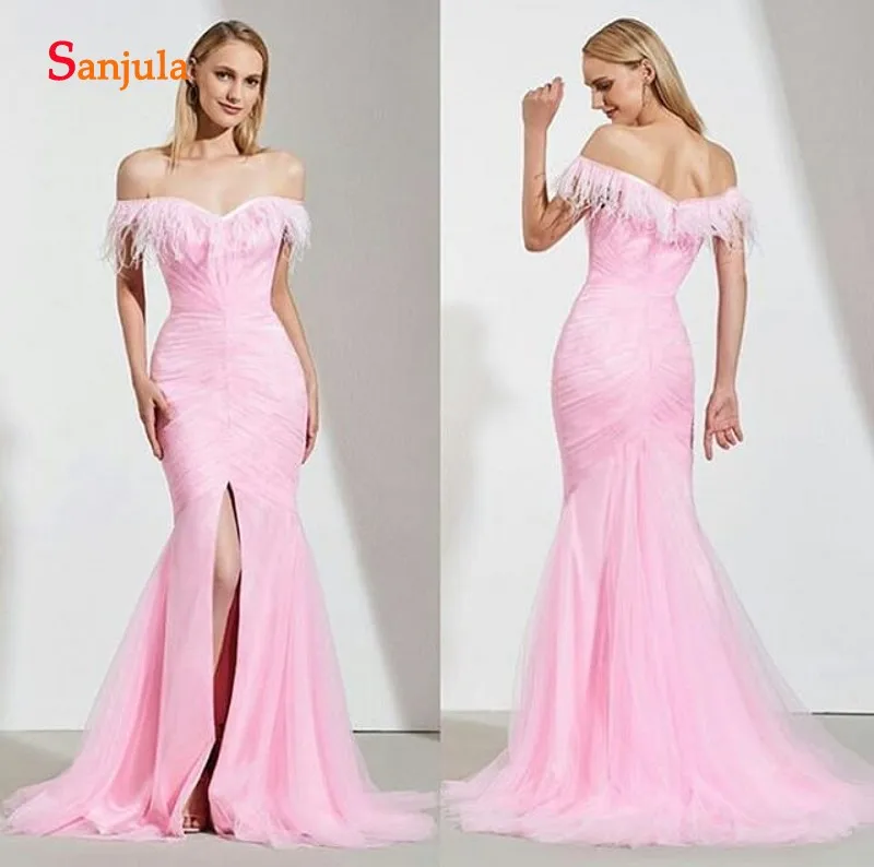 Robe Sirene Mariage 2018 новое поступление с открытыми плечами платье подружки невесты с перьями труба Длинный Розовый Вечерние Тюль вечернее платье