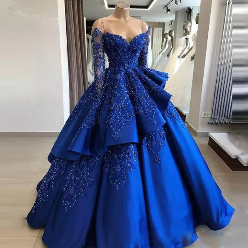 Винтаж Royal Blue пышные платья для выпускного вечера кружевные аппликации бальное платье для девочек с блестящими пайетками, с открытым плечом платья женская блуза с послойным расположением ткани, оборочками и v-образным вырезом платье для выпускного вечера