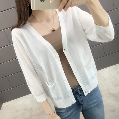 

New Fashion 2019 summer female knit ice silk v-neck plain cut ice silk thin cardigan coat female