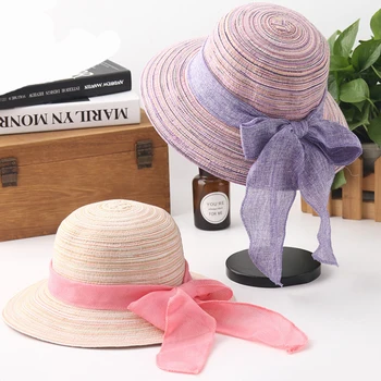

HT1558 Women Summer Hats Ladies Big Ribbon Bow Straw Hats Foldable Panama Beach Sun Hats Female Sun Bonnie Fishing Bucket Hats