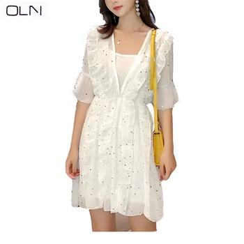 

Dress OLN Korean new arrival wholesale summer French V-neck sequin fairy net red fashion temperament small holiday dress