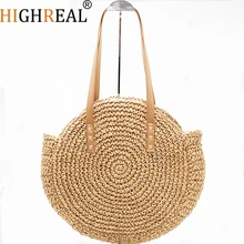 HIGHREAL Handmade Rattan Woven Round Handbag Fashion Straw Bag Rope Knitted Shoulder Bag Summer Beach Tote