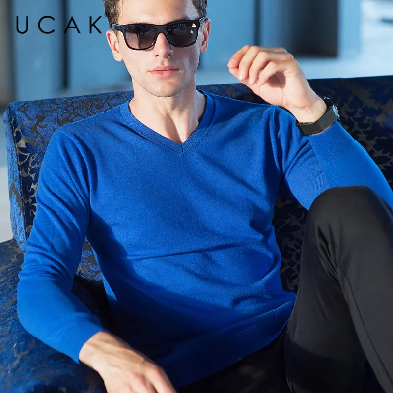 UCAK Brand Sweater Men Classic Casual V-Neck Pull Homme Pure Merino Wool Pullover Men Autumn Winter Soft Cashmere Sweaters U3005 - Color: Blue