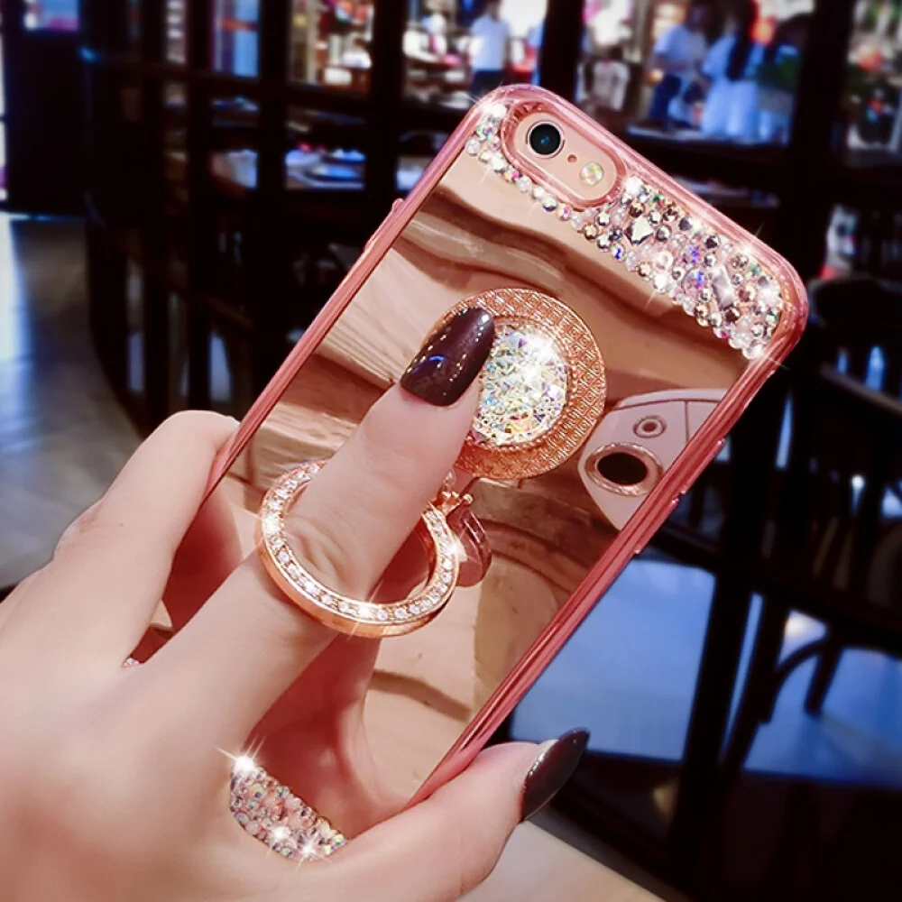 Fashion Diamond Soft TPU Crystal Rhinestone Glitter Mirror Phone Case For Samsung S8 S9 S8 Plus S9 Plus with Ring Holder Stand