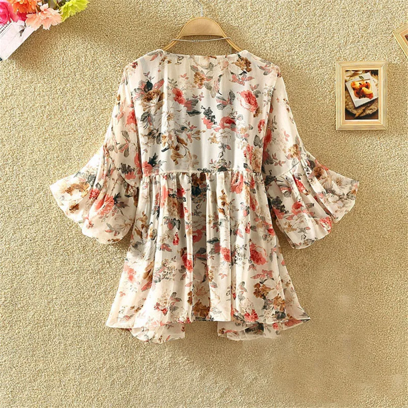 Women Floral Print Blouse Casual V-Neck Chiffon Blouses Lady Lantern Sleeve Ruffles Shirts irregular Blusas Tops Plus Size A1338 6