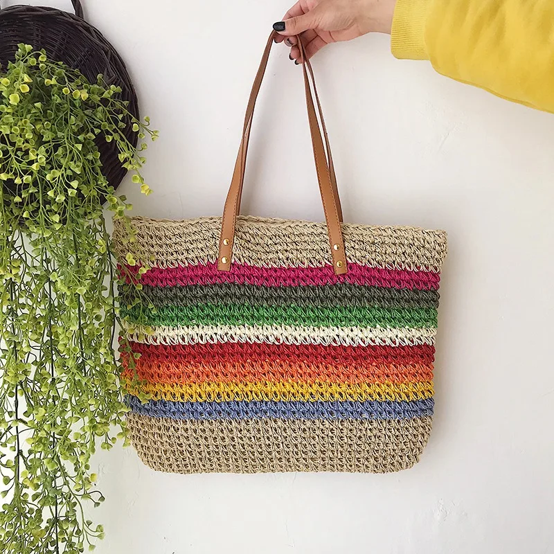 

LJL-Fashion Lady Handbag Beach Rainbow Color Lady Handbag Shoulder Korean Version Of The Trend Beach Straw Bag