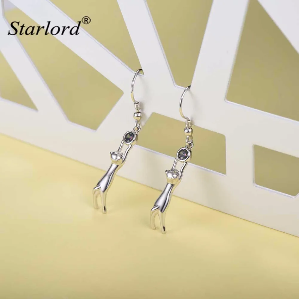 Hanging Cat Dangle Earrings 925 Sterling Silver Animal Jewelry Silver