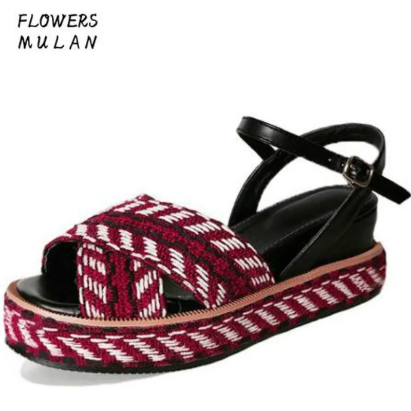 

Mixed Color Woven Upper Patchwork Leather Front Rear Strap Wedges Heel Summer Shoes Woman Peep Toe Rome Sandals Gladiators