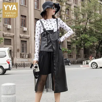 

High Street Genuine Leather Patchwork Mesh Gauze Womens Suspender Dresses Medium Length Luxury Sheepskin Slim Fit Female Dresses