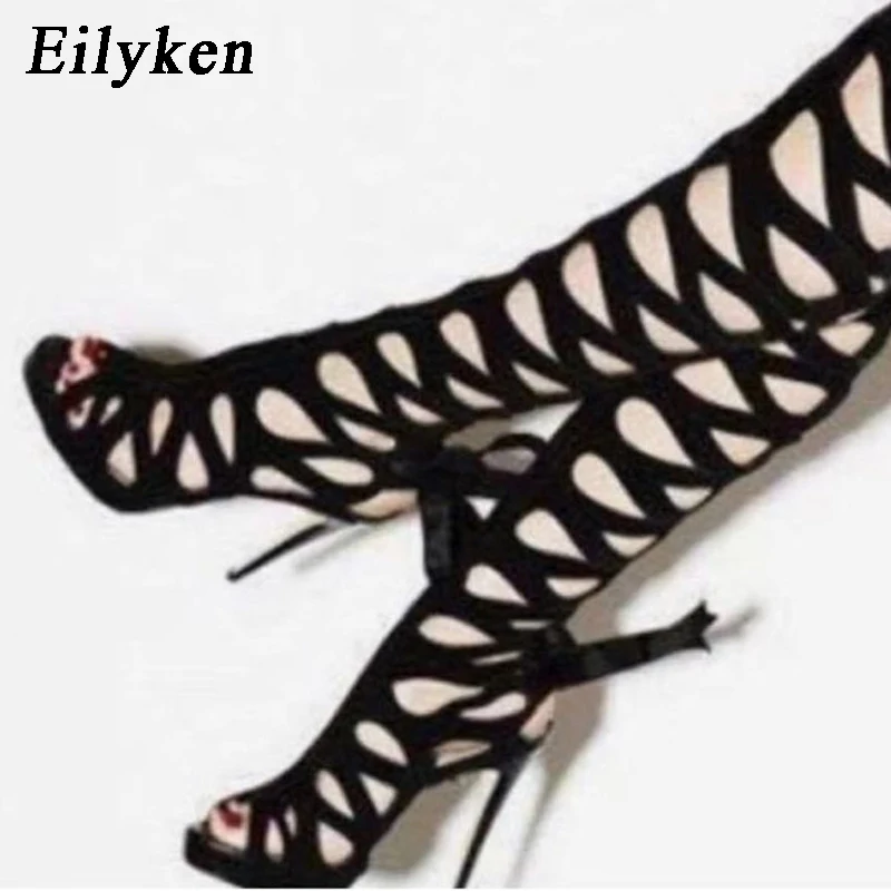 

Eilyken New High Heel Women Gladiator Sandals Ladies Sexy Party Shoes Lace-Up Over knee Sandals Boots Feminina Black