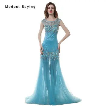 

Luxury Blue Sexy See Through Mermaid Beaded Evening Dresses 2017 with Rhinestone Women Night Party Prom Gowns robe de soiree