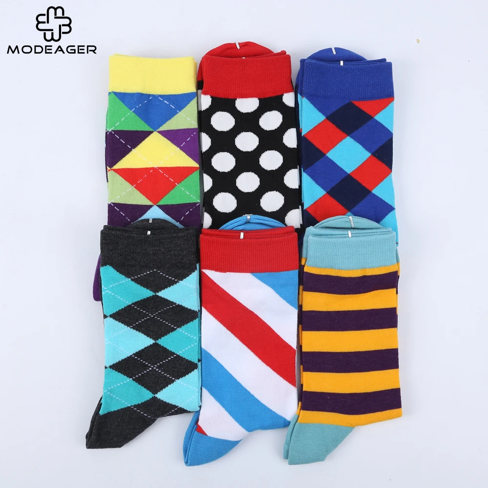 

Modeager Fashion Stripes Diamond Checkered Pattern Happy Socks for Men Colorful Long Soft Comfortable Business Socks Cotton