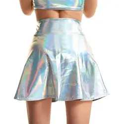 Женская Блестящая мини-юбка 2019 металлическая мокрая жидкая искусственная кожа выглядит расклешённая и в складку трапециевидной формы