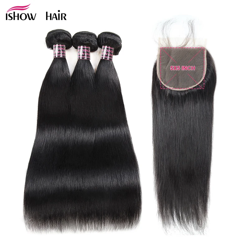 

Ishow Brazilian Straight Hair Bundles With Closure 5X5 Closure With 3 Bundles Hair 100% Human Hair Bundles With Closure Non Remy
