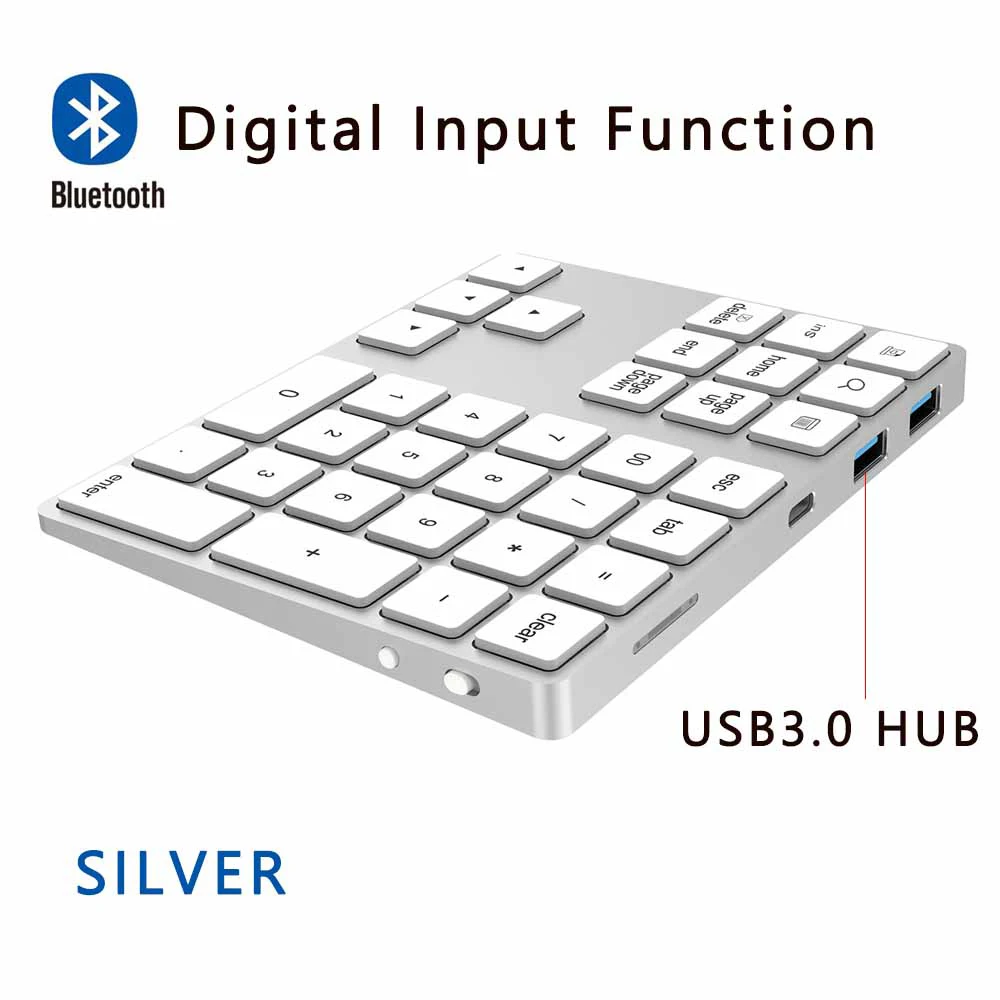 AVATTO ультра-тонкий алюминиевый 34 клавиши Bluetooth беспроводная цифровая клавиатура номер клавиатура с ножничным переключателем для ПК поверхности планшета - Цвет: Silver with Hub