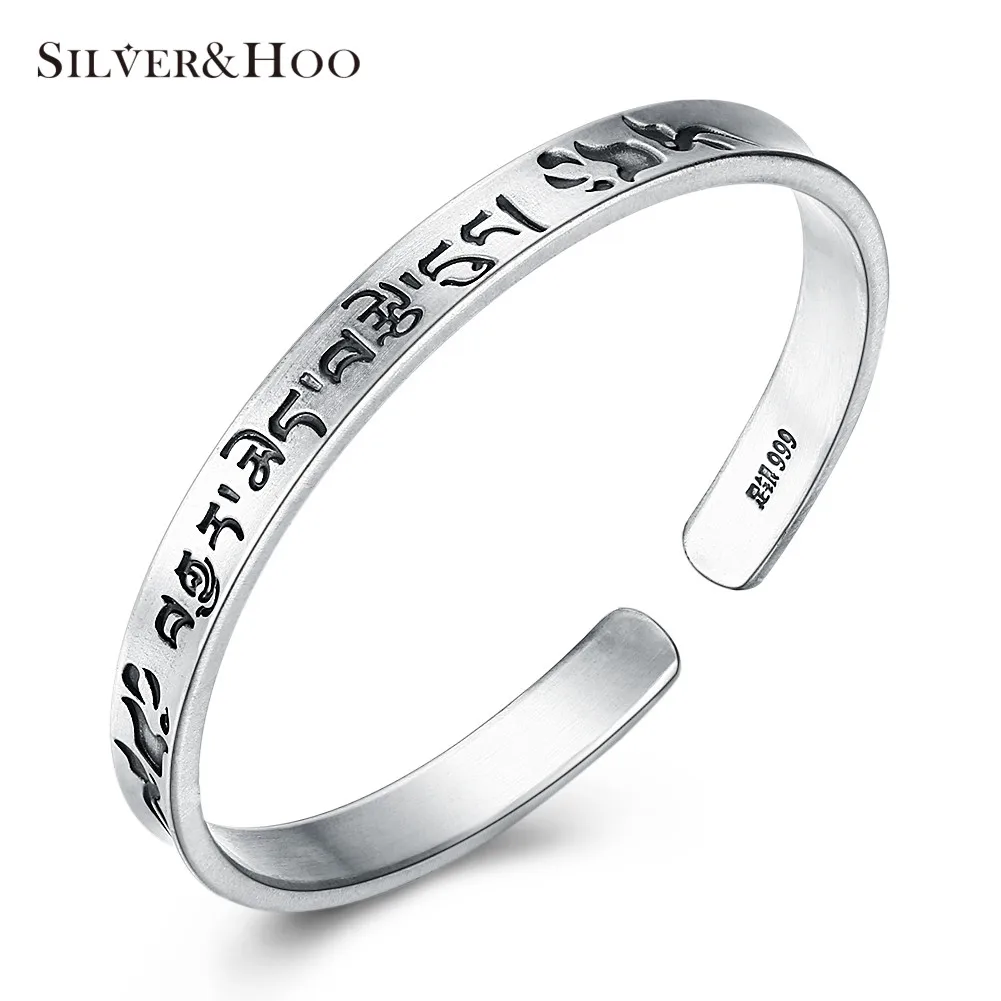 

SILVERHOO 999 Sterling Silver Lettering Bangles for Women Engagement Bracelets Popular High Quality Fine Jewelry Gift for Lady