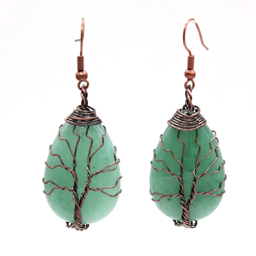 

Trendy-beads Copper Plated Wire Wrap Natural Green Aventurine Dangle Earrings Tree of Life Jewelry