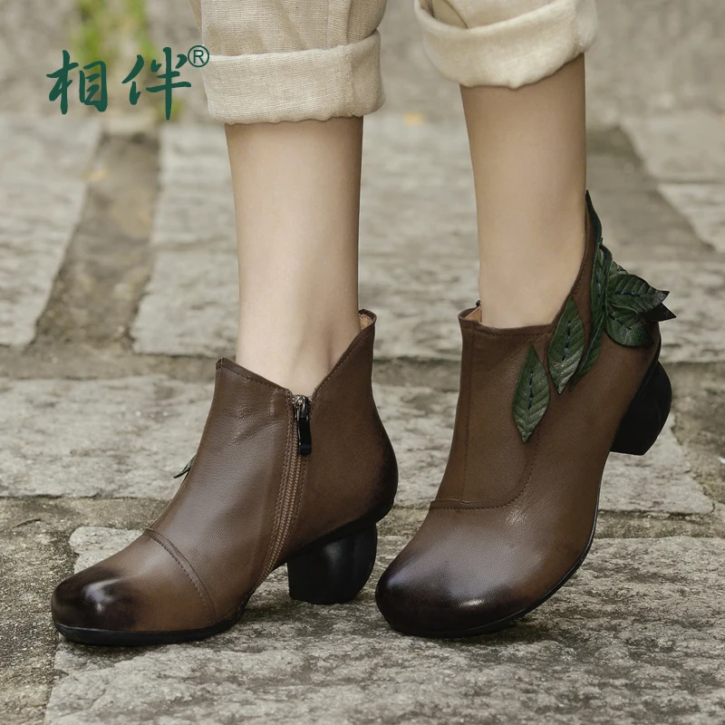 

Handmade women boots 2017 vintage mid heels female ankle boots soft leather comfortable elegant ladies boots