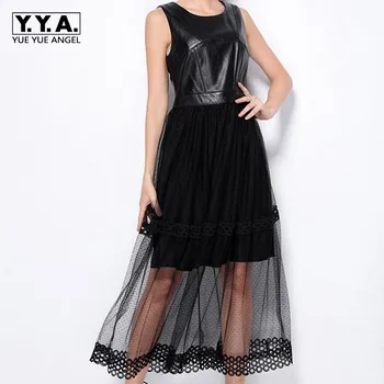 

Summer Elegant Lady Black Lace Evening Vestidos Italian Luxury Women Sheepskin Genuine Leather Sleeveless Party Long Dress