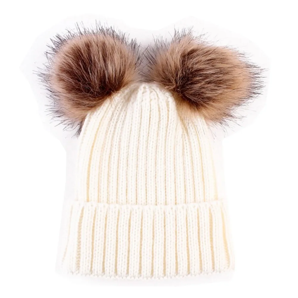 New Faux Fur Bonnet Enfant Women Double Pom Pom Beanie Hat Winter Warm Cap Baby Winter Crochet Hats Girls Boys Knitted Beanies