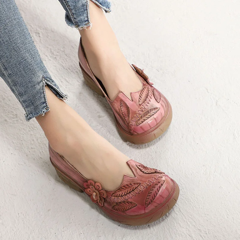 

2019 Spring Thick Sole Pumps Women Medium Heels Women Shoes Handmade Genuine Leather Slip On Heels Round Toe