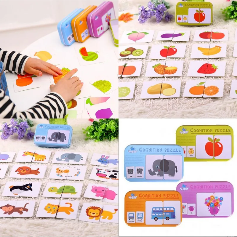 

32pcs Puzzle Cards Child Literacy And Cognition Cultivating Cards Iron Box Packing For Baby Puzzle Kids Educational Toys