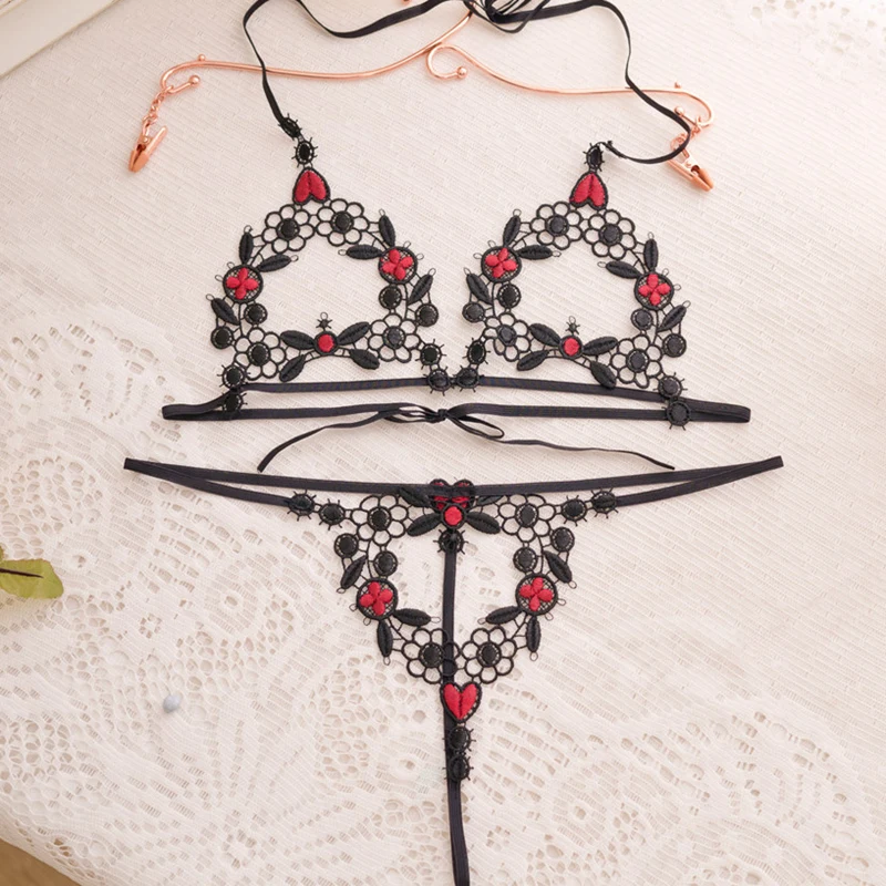 

Women Lace Embroidery Flowers Push Up Bralette Crotchless Thong Sexy Lingerie Ultra Thin See Through Open Bra Panty Set