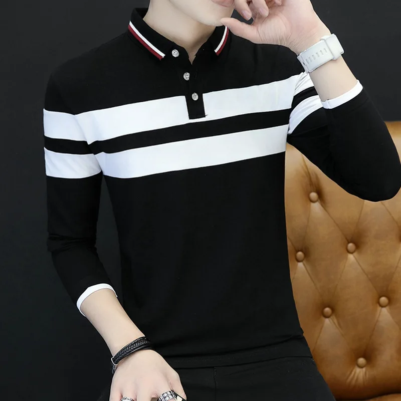 Fashion Striped Mens Polo Shirt Brands Casual Patchwork