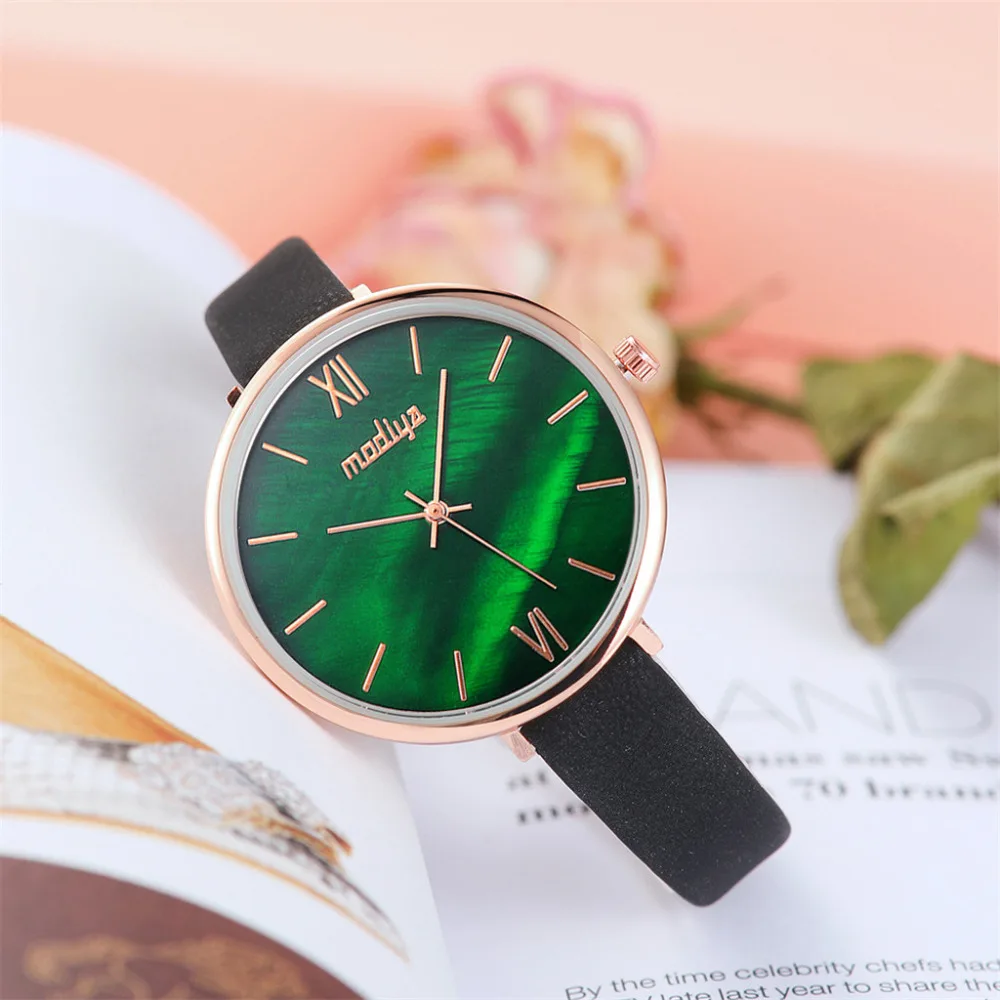 

High Quality Women Watch Gradient Green Dial Beautiful Fashion Leather Strap Watch Casual Dress Ladies Quartz WristWatch Gift #B