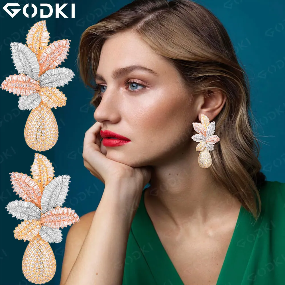 

GODKI 68mm Luxury Leaf Drop Flower Full Micro Cubic Zirconia Paved Naija Wedding Party Earring Fashion Jewelry for Women