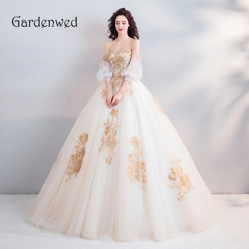 

Gardenwed Luxury Off Shoulder Golden Lace Ball Gown Wedding Dresses With Sleeves Beading 2019 Bridal Gowns Vestido De Noiva