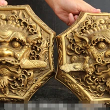 " Китайский Фэншуй Бронзовый Животных Голова Льва Меч Дверной Молоток Пара Статуя