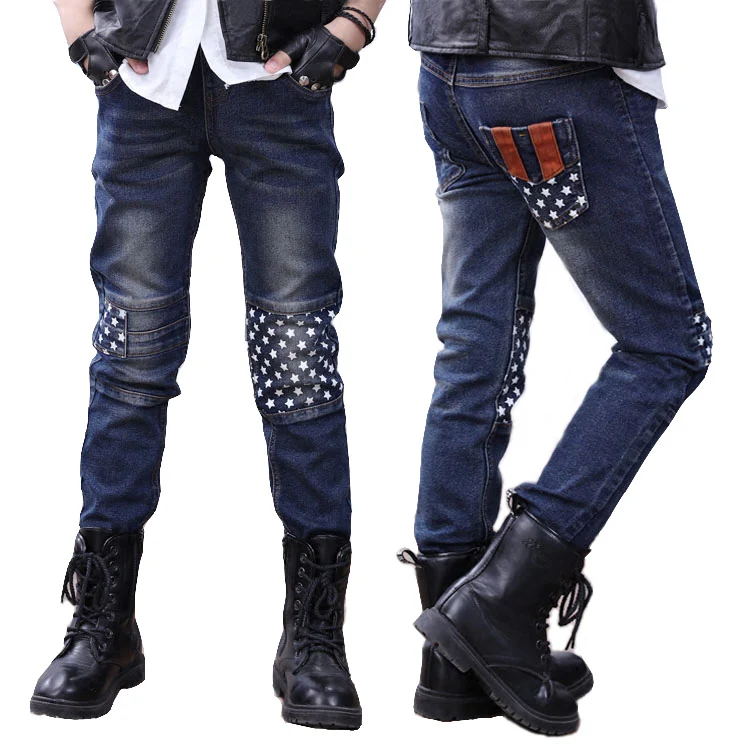 Детские джинсовые штаны узкие джинсы для больших мальчиков г. модные детские Брюки Весенний детский карандаш-леггинсы Дизайнерская одежда с американским флагом