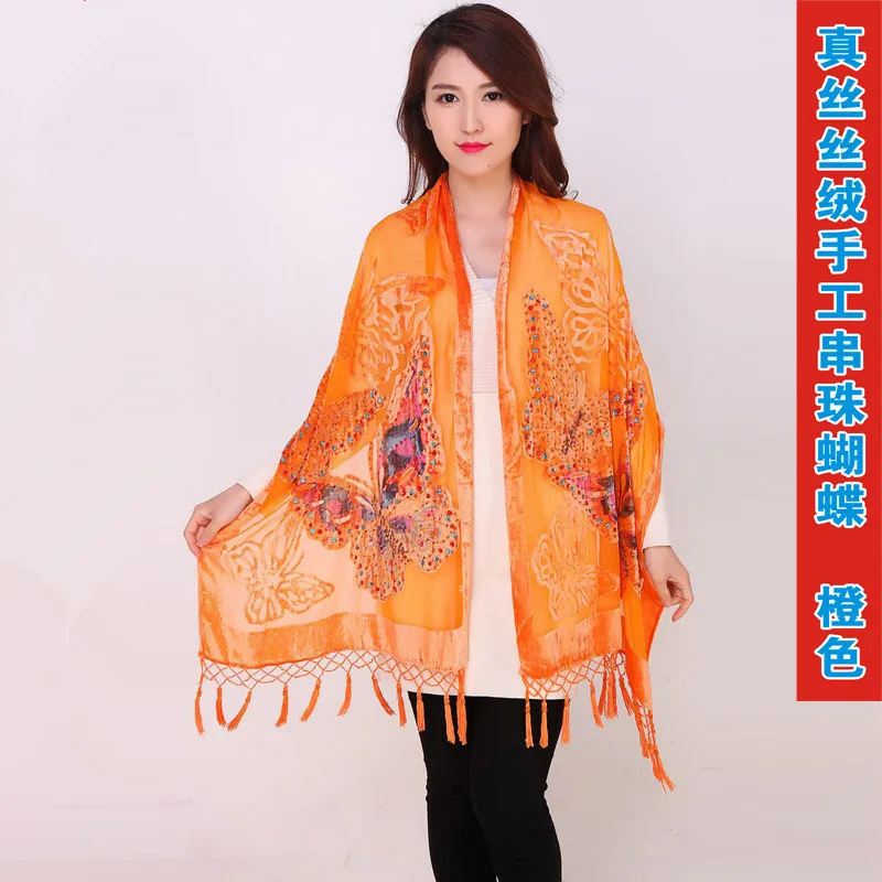 

Orange Chinese Female Velvet Silk Beaded Shawls Vintage Handmade Embroidery Scarves Scarf Long Fringe Muffler Butterfly Pattern