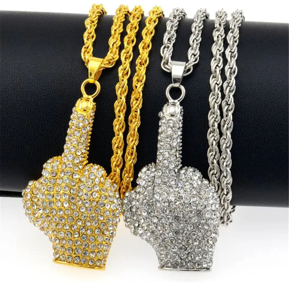 

Hip Hop Iced Out Big Hands Pendants Necklace Full Rhinstone Crystal Zircon Rapper Middle Finger Up Hand Shape Jewelry For Men
