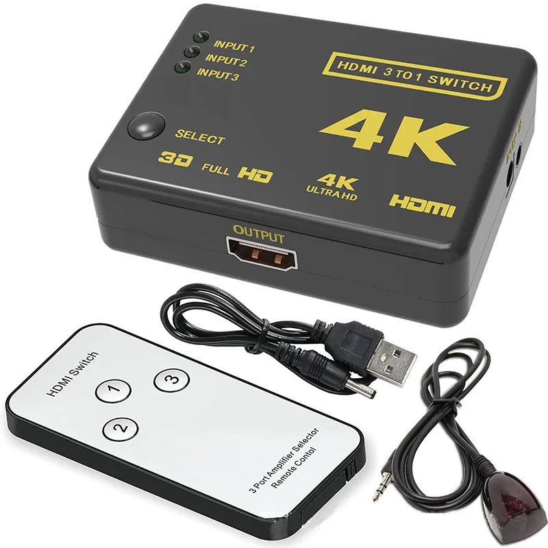 

4K HDMI Switcher with Remote Controller HDMI Hub Repeater IR Extender Receiver 3 in To 1 out switcher for HDTV HD-DVD