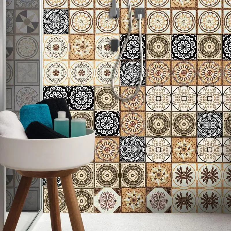 

10pcs/set Square Waterproof Oil Proof Tile Wall Floor Sticker PVC Home Decal DIY Printing Kitchen Countertop Wall Sticker